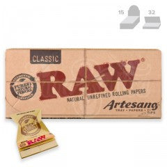 RAW Classic Artesano KingSize Slim Natural Rolling Papers with Tips and Tray (32/Papers, 15/Box)